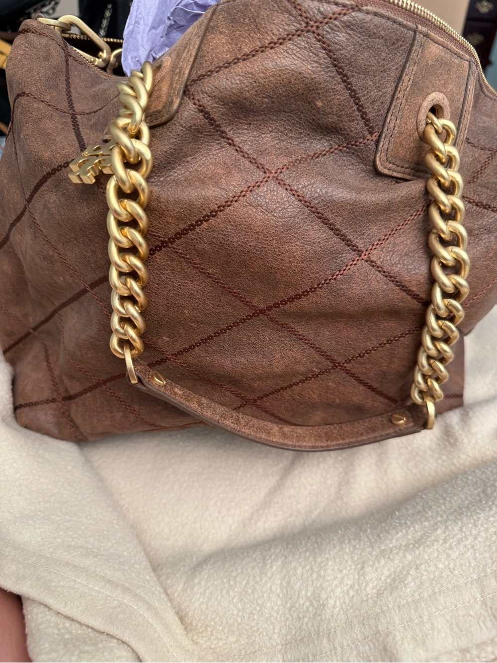 VINTAGE ToryBurch Lysa Quilted Brown Leather Shoulder Bag with Gold Chain Straps